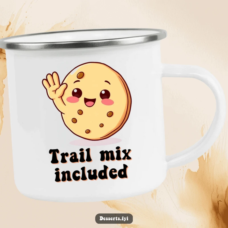 Funny camping mug featuring a resilient cookie character cheerfully waving hello, ready for any adventure, adding humor outdoors.