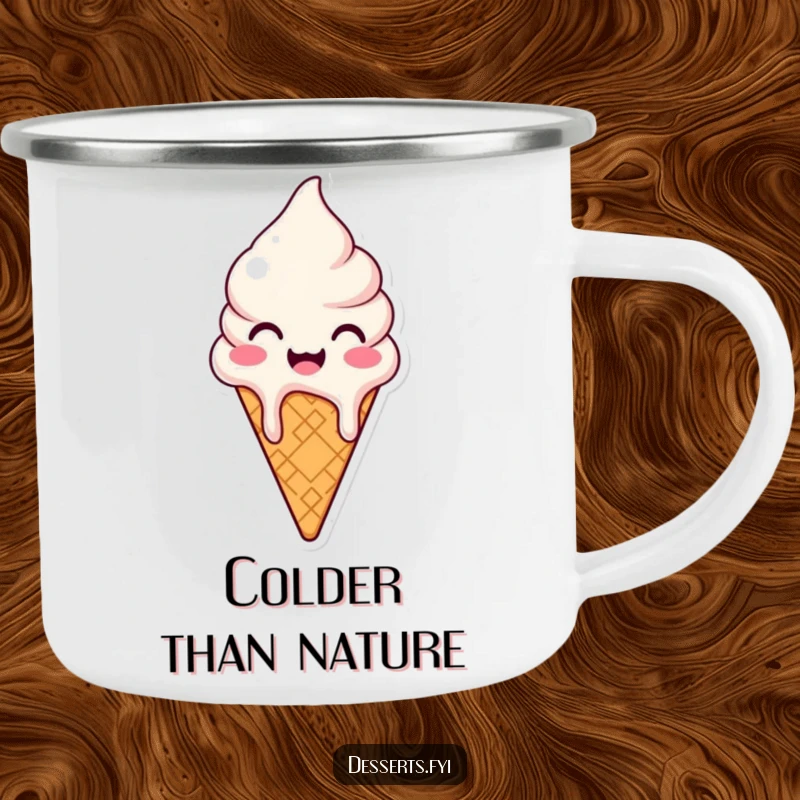 Funny camping mug featuring a happy ice cream cone character melting slightly, perfect for outdoor adventures and spreading joy.