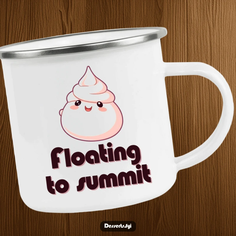 Funny Meringue Camping Mug with a bubbly character floating, perfect for beverages and adding sweet, airy humor to outdoor activities.