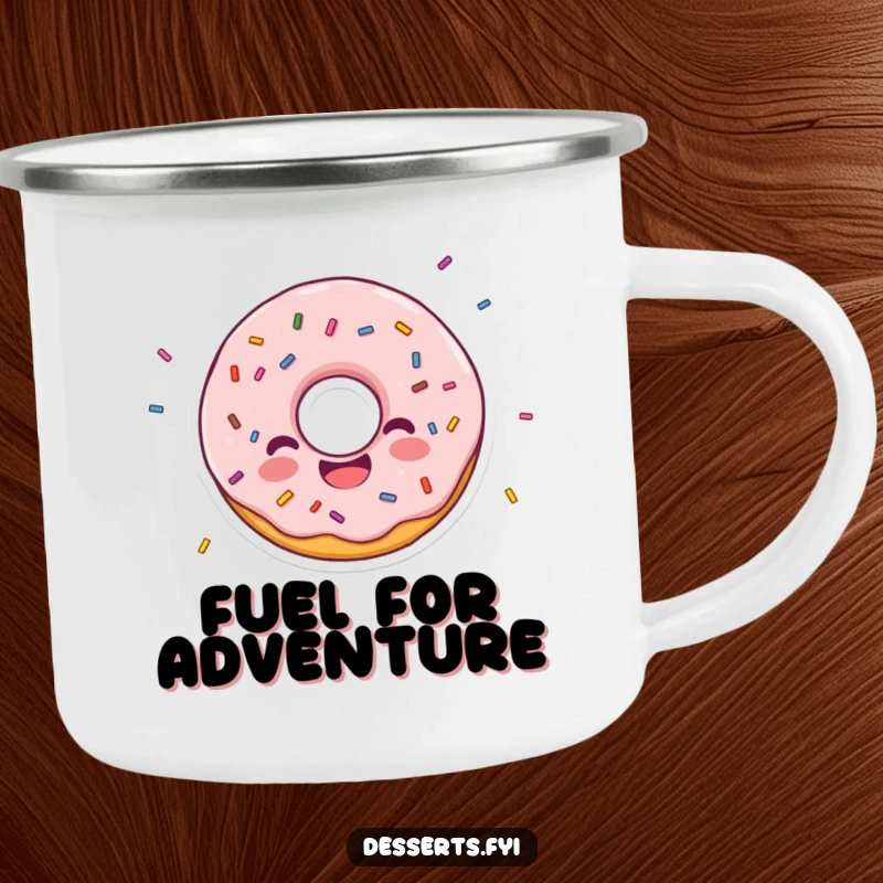 Funny camping mug featuring a happy donut character surrounded by sprinkles, built for adventure and spreading joyful vibes.
