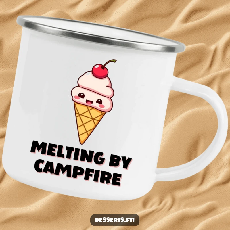 Funny camping mug featuring a giggling ice cream cone with a cherry on top bouncing with delight.