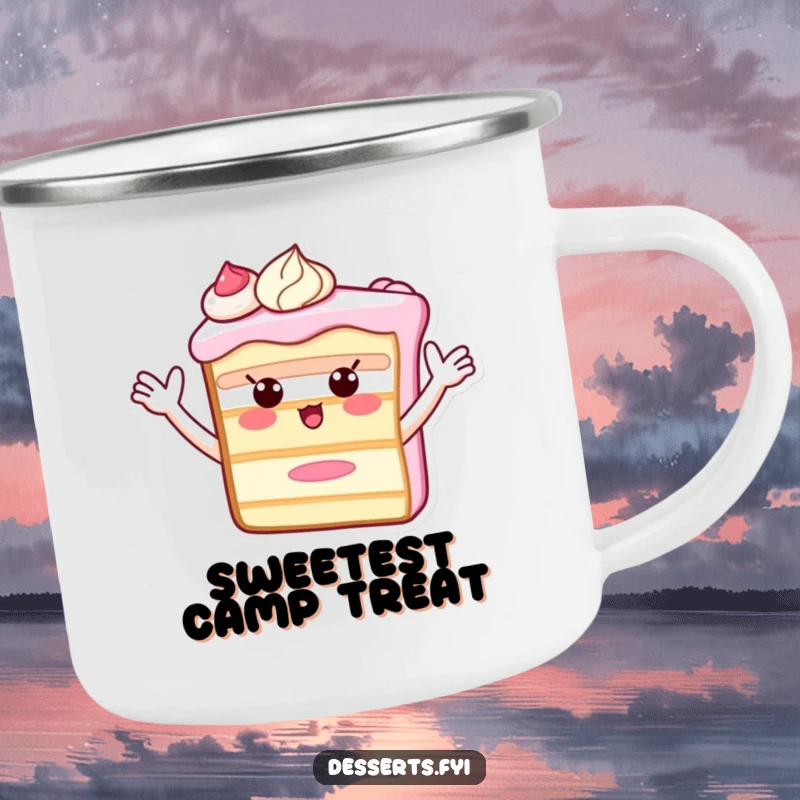 Funny Camping Mug showcasing a happy cake slice with frosting arms waving, perfect for outdoor enthusiasts who enjoy a touch of humor with their drinks.