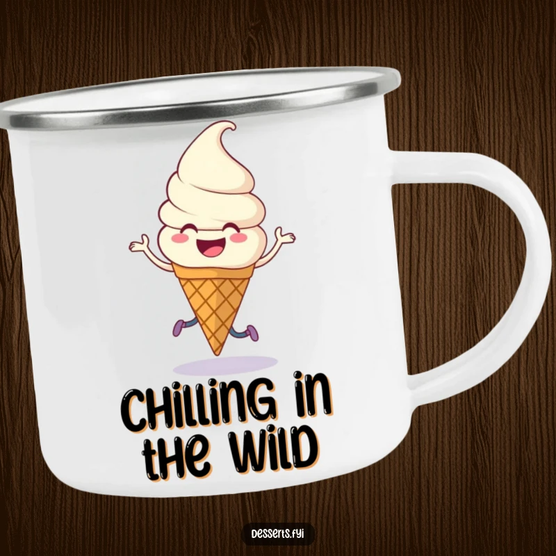 Funny Camping Mug: Ice cream cone with legs doing a joyful jig, great for sweet lovers.
