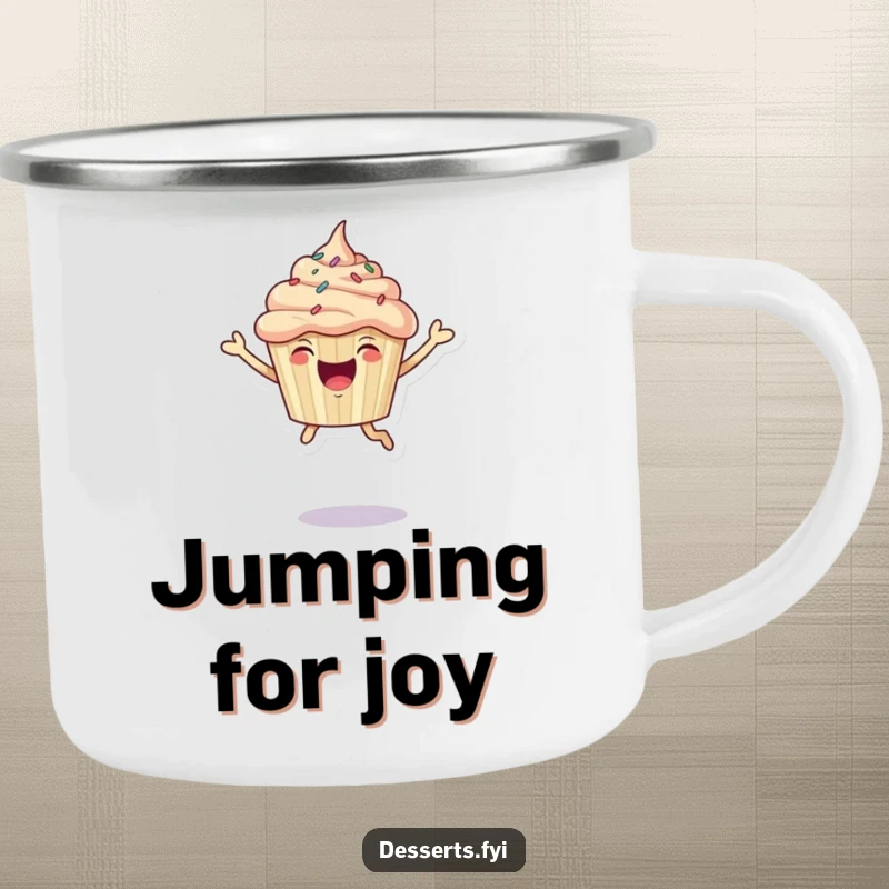 Funny Camping Mug: Joyful cupcake with sprinkles leaping enthusiastically, great for celebrations.