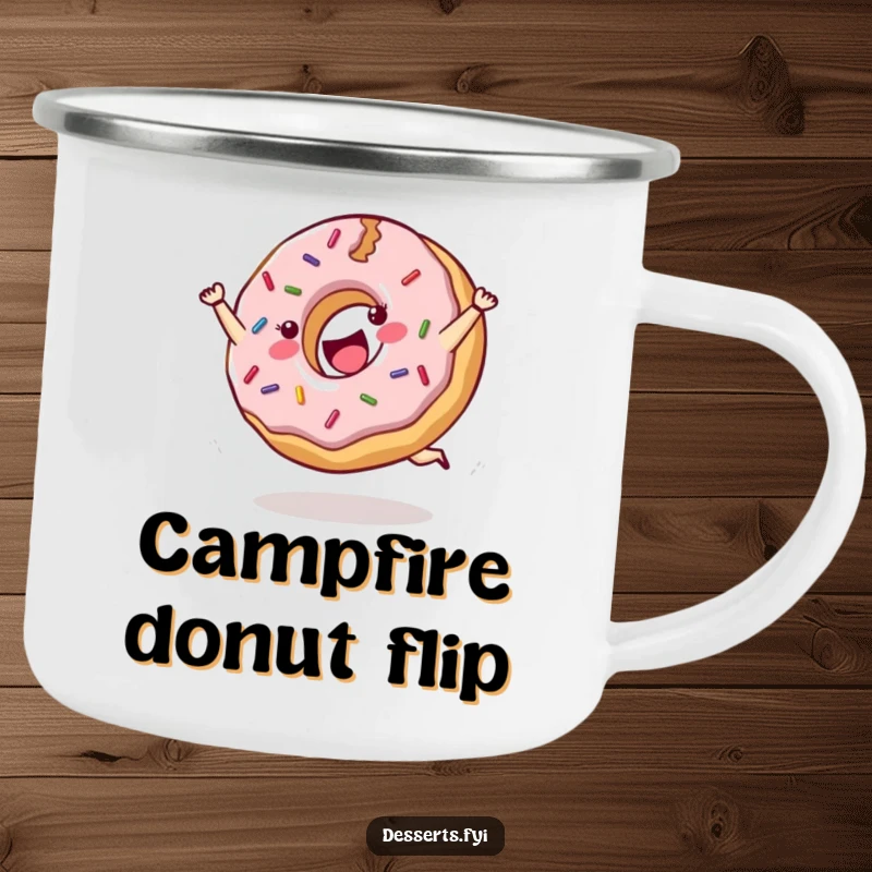 Funny camping mug featuring a cheerful donut with sprinkles doing a joyful cartwheel.