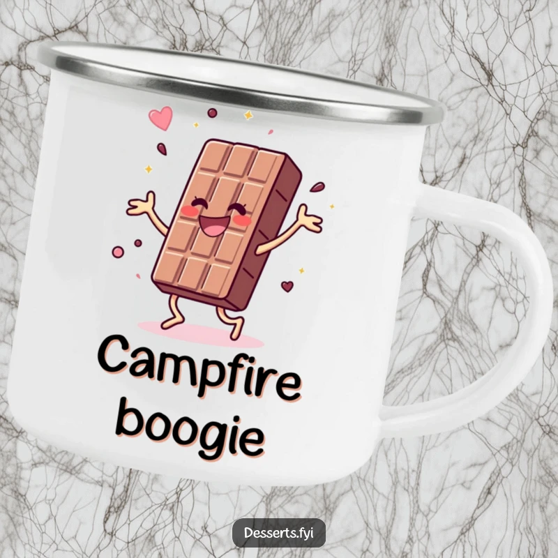 Funny camping mug featuring a joyful chocolate bar doing a vibrant, energetic dance, perfect for enjoying drinks during outdoor adventures with sweet energy.