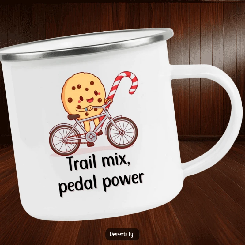 Funny camping mug with a whimsical cookie character biking around a candy cane, designed for rugged enjoyment and a dose of humor.