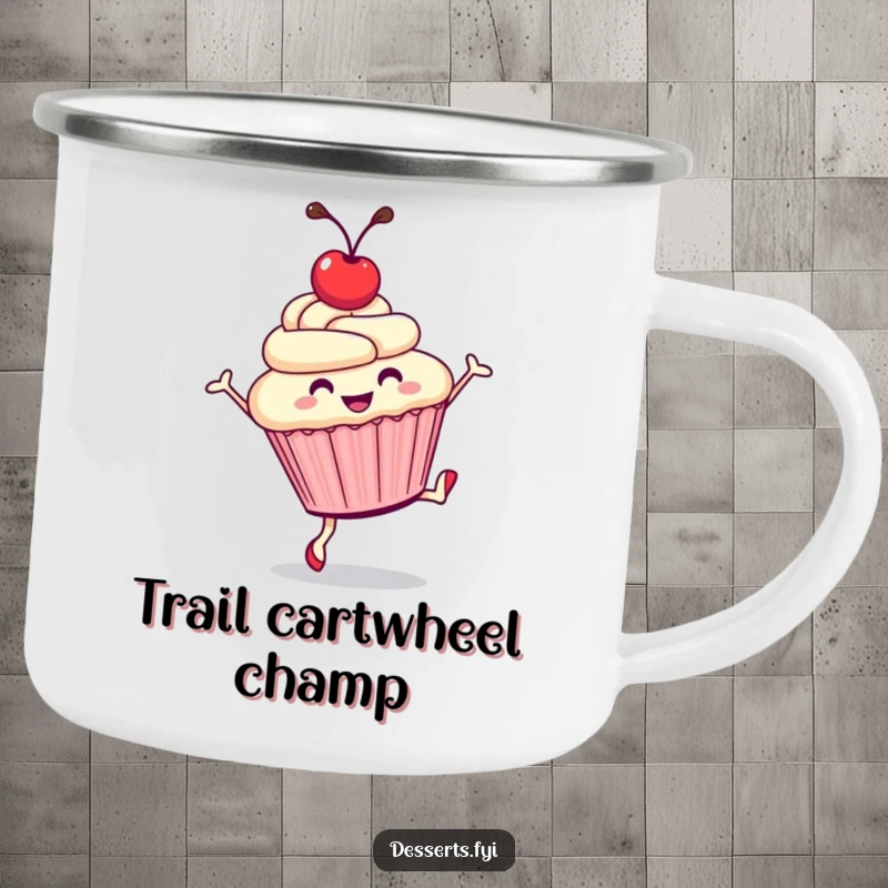 Funny camping mug featuring a smiling cupcake doing a cartwheel, ideal for outdoor enthusiasts who love sweets and humor.