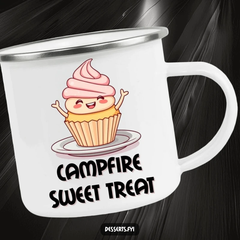 Funny Camping Mug: A smiling cupcake doing a joyful jig on a plate, ready for outdoor adventures.