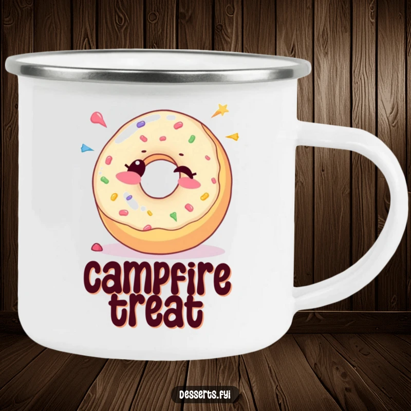 Funny Camping Mug: A joyful donut character winks and sprinkles candy dots, perfect for sweet and humorous sips.