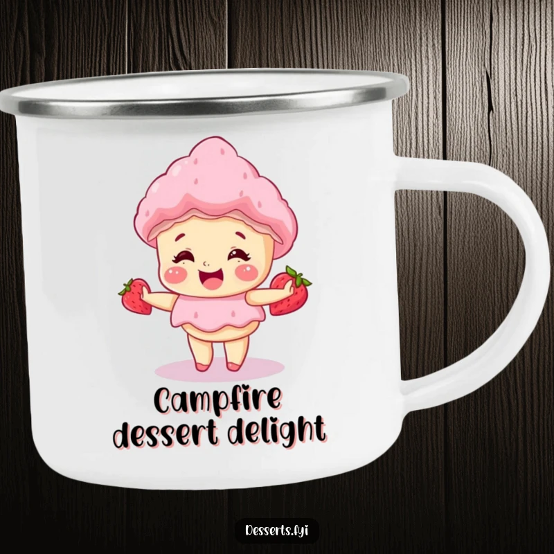 Funny camping mug featuring a giggling strawberry shortcake doing a happy little spin, perfect for sweet outdoor sips and humor.