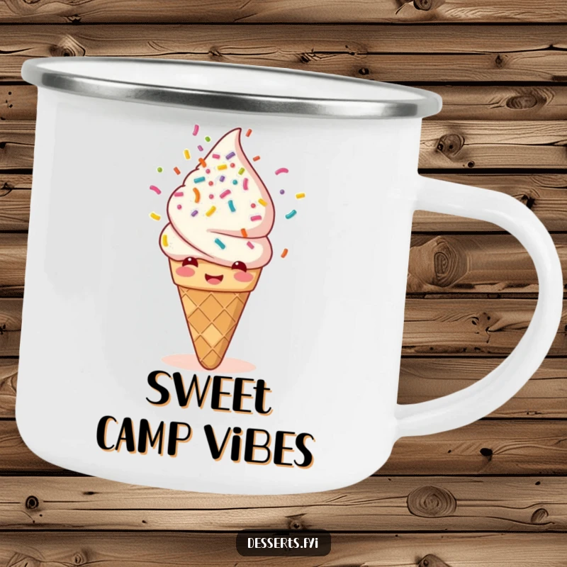 Funny camping mug with a giggling ice cream cone showering itself in rainbow sprinkles. Ideal for outdoor enthusiasts who appreciate sweet humor.