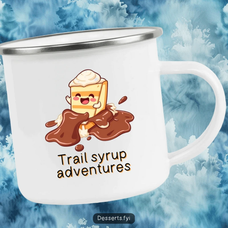 Funny cake camping mug, a character joyfully sliding on a chocolate syrup river, perfect for enjoying drinks outdoors.