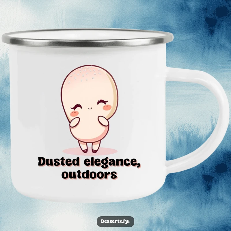 Funny camping mug with a charming macaron character in an elegant, sugar-dusted pose, offering chic enjoyment for outdoor moments.