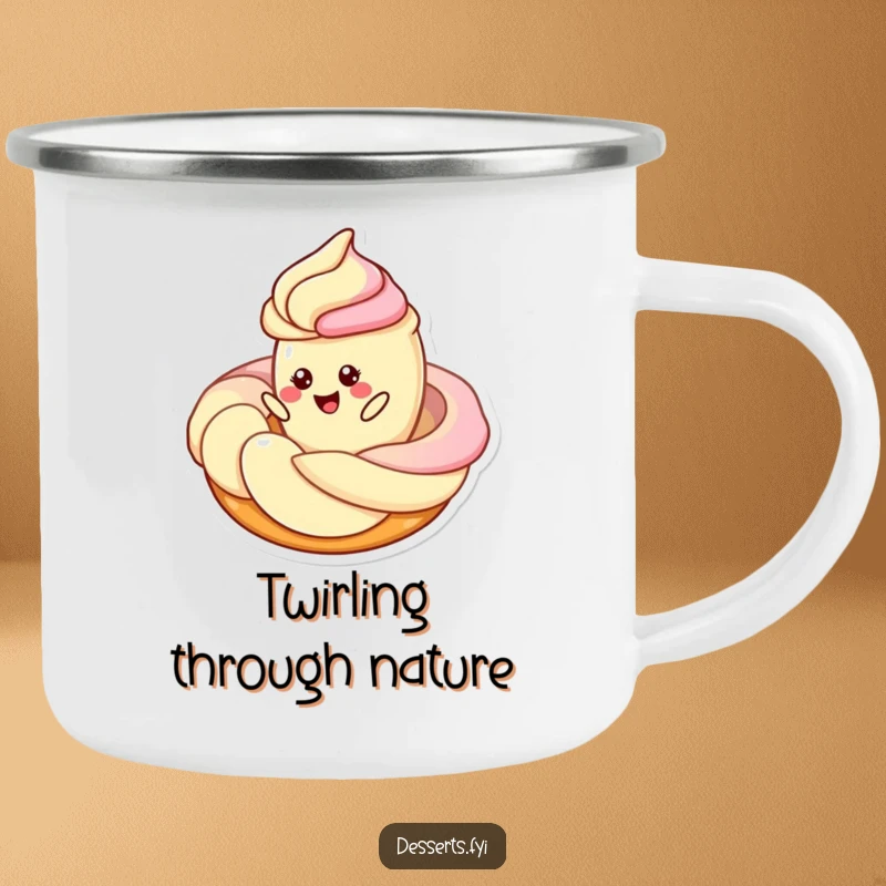 Funny camping mug with a cheerful pastry character twirling around a swirl of frosting, offering rugged enjoyment with a dash of sweet, humorous fun.