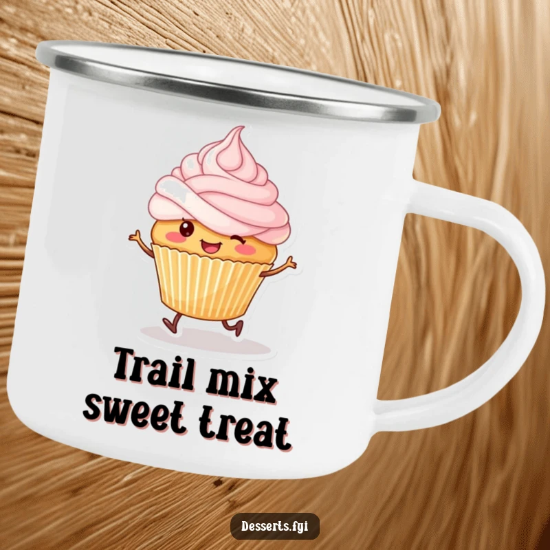 Funny camping mug featuring a smiling cupcake with tiny legs happily skipping, frosting on its head.