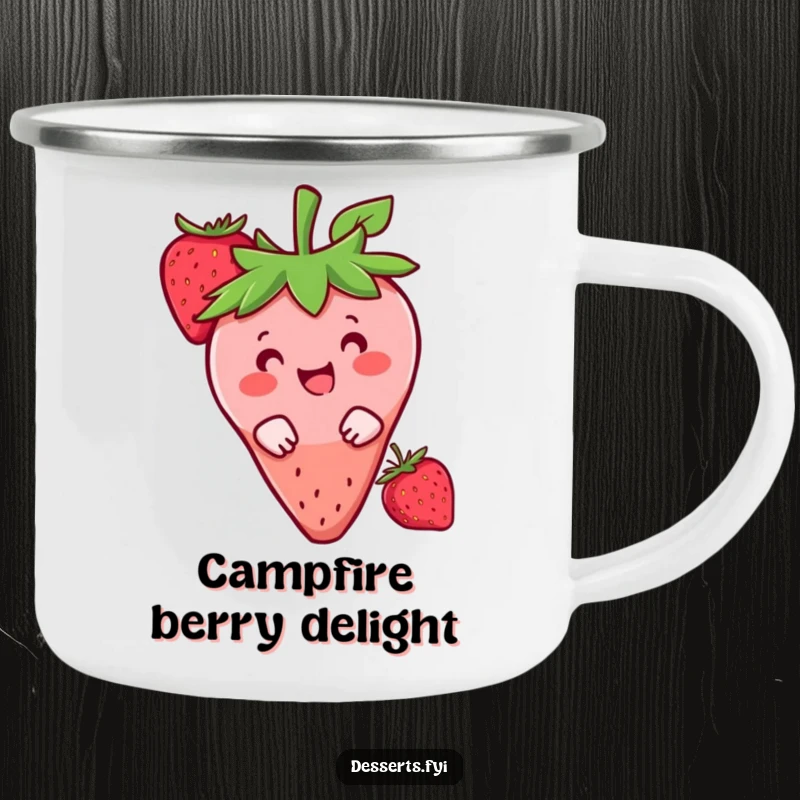 Funny camping mug with a happy strawberry character peeking from behind a berry, perfect for enjoying sweet drinks outdoors.