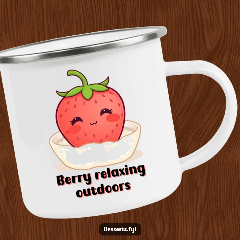 Funny camping mug featuring a content strawberry with a tiny smile enjoying a bath of cream, perfect for enjoying drinks during outdoor adventures with sweet relaxation.