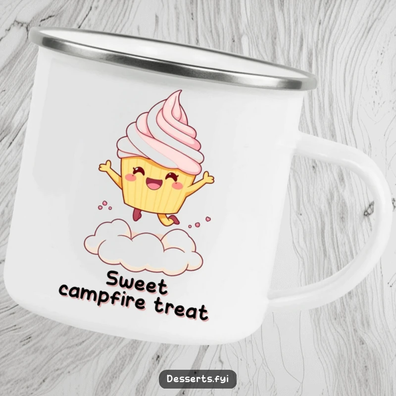 Funny Camp Mug: A cheerful cupcake character joyfully leaps into whipped cream during a sweet outdoor setting.