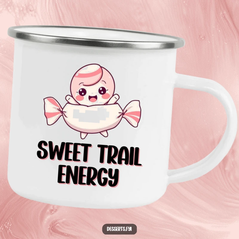 Funny camping mug with a playful candy character bouncing excitedly inside its wrapper, for sweet outdoor enjoyment.