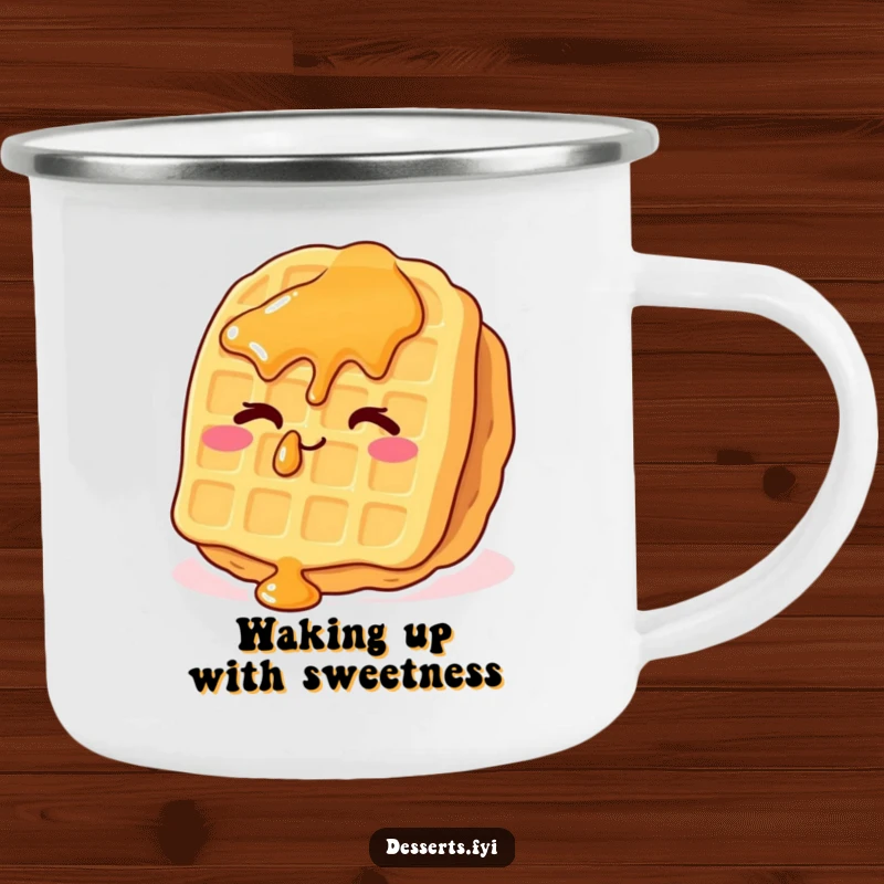 Funny waffle camping mug featuring a whimsical waffle with syrup drops giving a cheeky wink, ideal for enjoying drinks outdoors with humor.