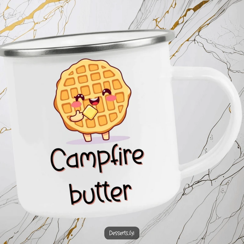 Funny Waffle Camping Mug with a smiling character holding butter, perfect for hot beverages and adding breakfast humor to adventures.