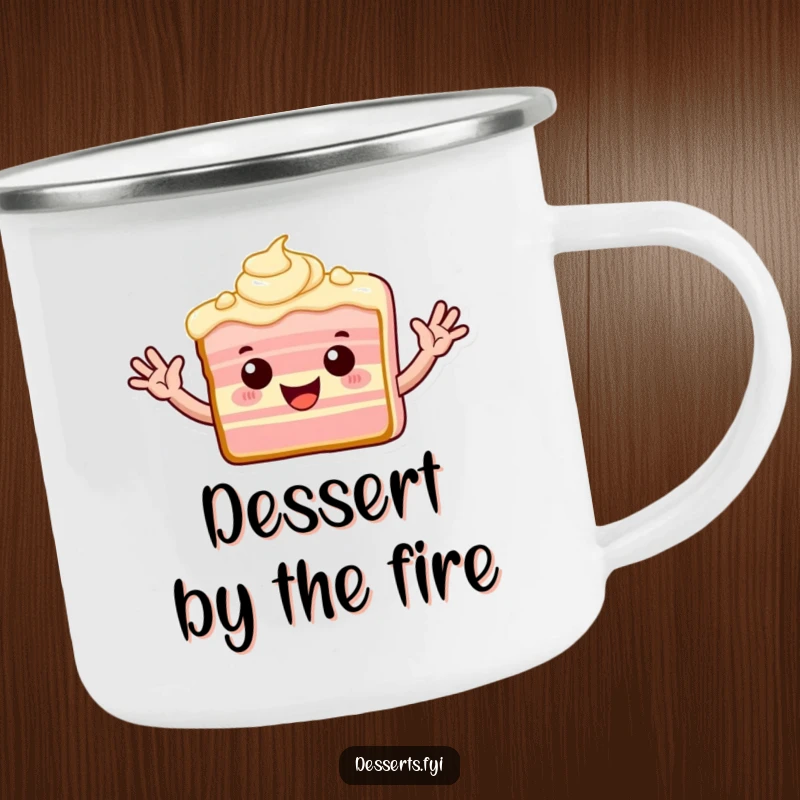 Funny camping mug featuring a playful slice of cake with frosting arms waving enthusiastically.