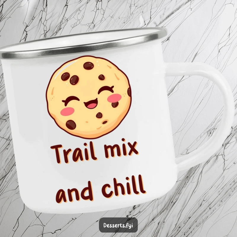 Funny camping mug with a delighted chocolate chip cookie winking playfully, perfect for hot beverages during outdoor adventures with a humorous twist.