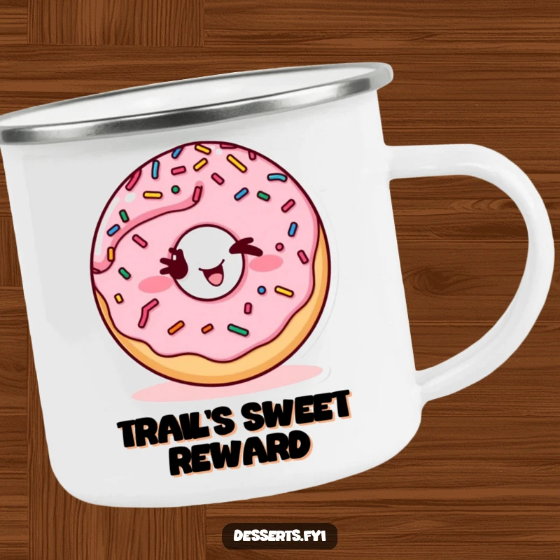 Funny camping mug featuring a winking donut with sprinkles, designed for outdoor enthusiasts who appreciate humor and warm drinks.