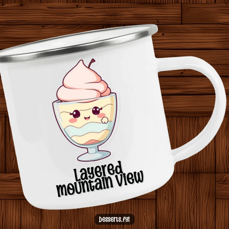 Funny camping mug with a giggling parfait character peeking out from its glass, for sweet outdoor enjoyment.