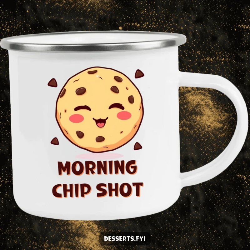 Funny winking chocolate chip cookie on a sturdy camping mug, perfect for outdoor fun and a humorous touch, great funny gift.