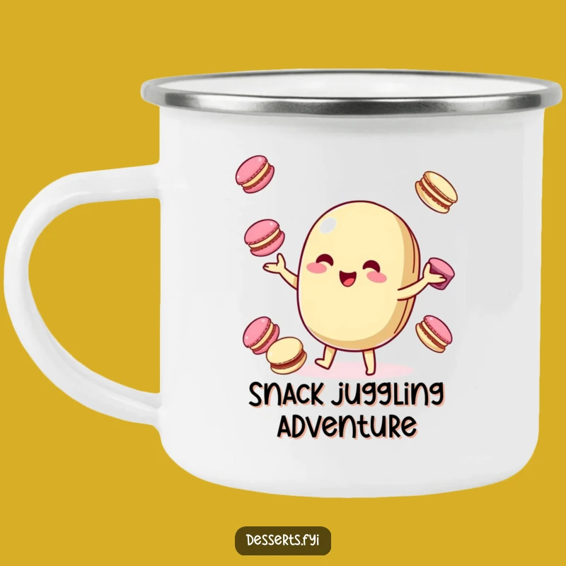 Funny Camp Mug: Juggling Macaroon Character for Sweet Outdoor Moments