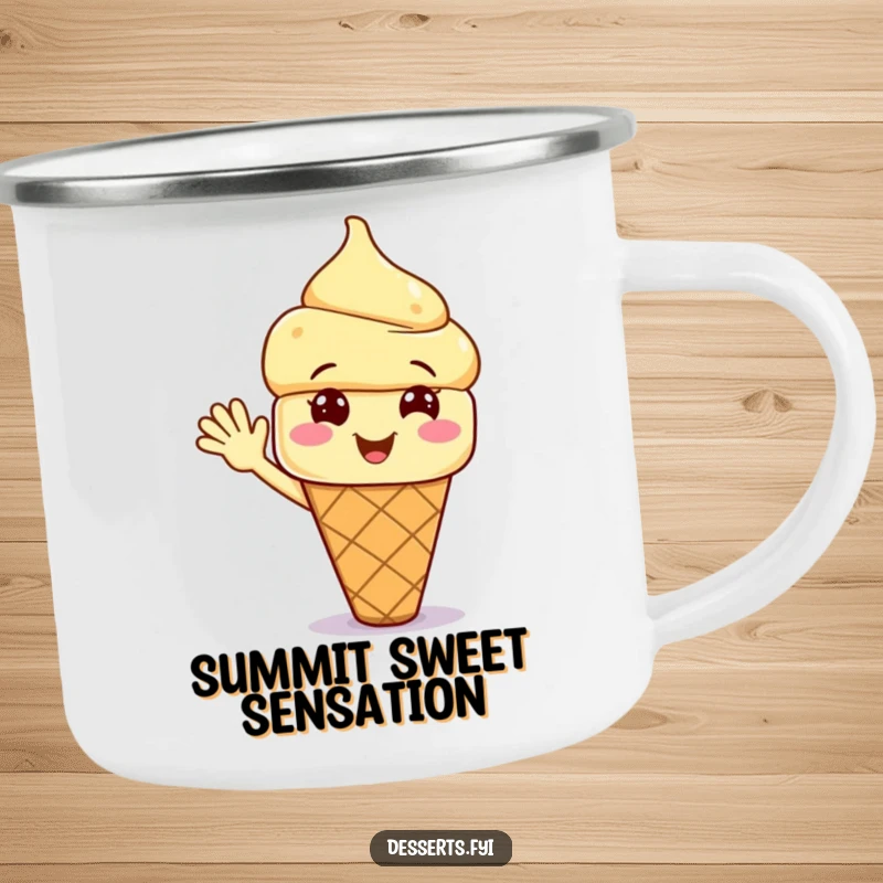 Funny camping mug featuring a smiling ice cream cone character waving, designed for outdoor lovers who enjoy their drinks with a cool, humorous vibe.