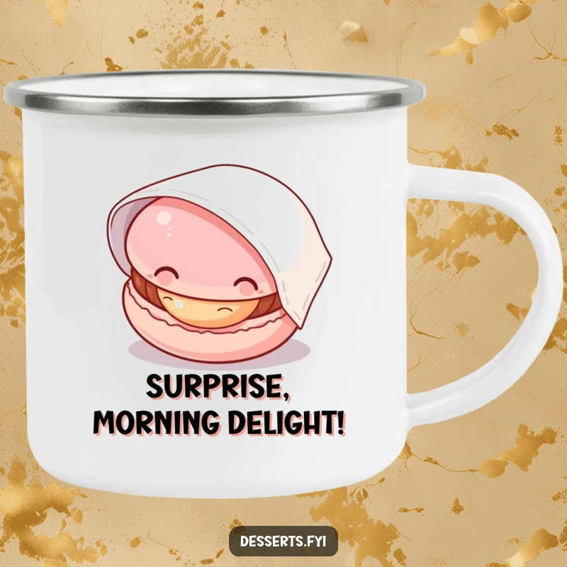 Funny macaron camping mug, featuring a curious macaron peeking from under a napkin, perfect for outdoor enthusiasts who love a sweet surprise.