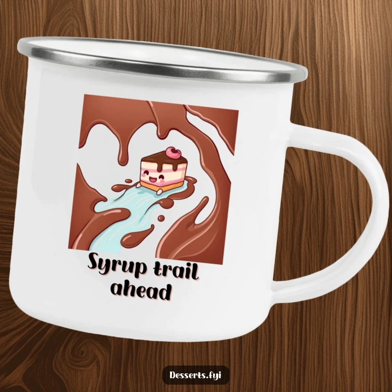 Funny cake character joyfully sliding down a chocolate syrup river on a durable camping mug, perfect for outdoor laughs.