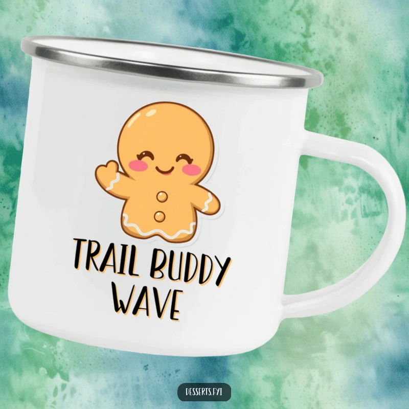 Funny camping mug featuring a winking gingerbread cookie giving a cheerful wave, perfect for enjoying drinks during outdoor adventures with festive charm.