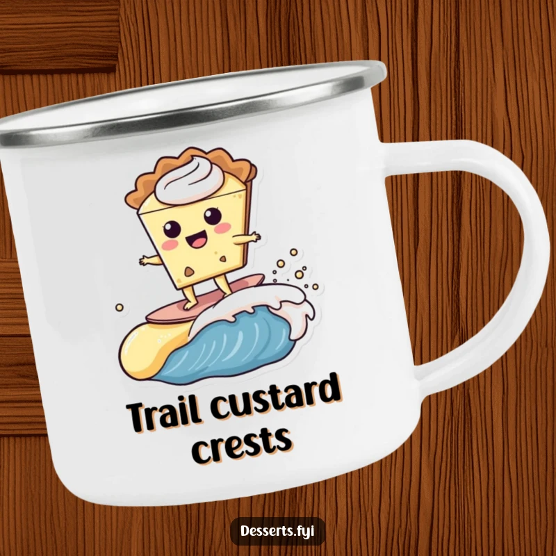 Funny happy slice of pie character surfing a creamy custard wave on a durable camping mug, perfect for outdoor fun and laughs.