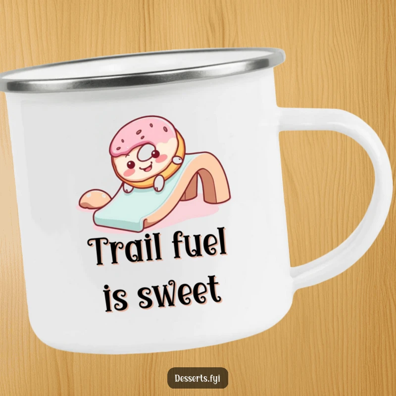 Funny camping mug with a cheerful donut with frosting, gleefully sliding down a slide, perfect for drinks during outdoor adventures.