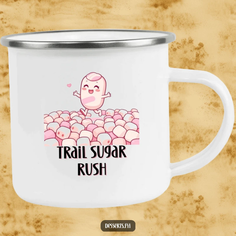 Funny camping mug with a gleeful candy character skipping through marshmallows, designed for rugged enjoyment and a touch of sweet humor.