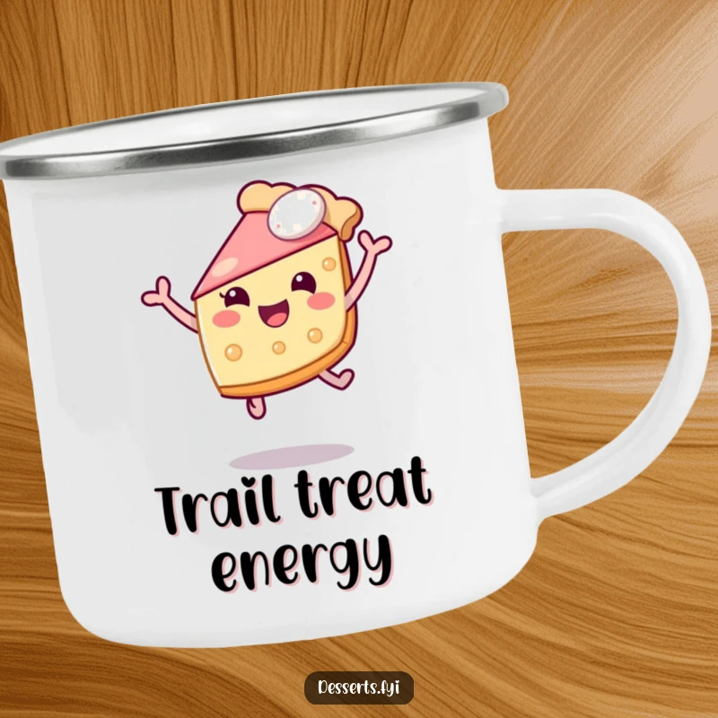 Funny camping mug showcasing a joyful slice of pie leaping through the air, perfect for outdoor enthusiasts. Adds humor and cheer to any campsite.