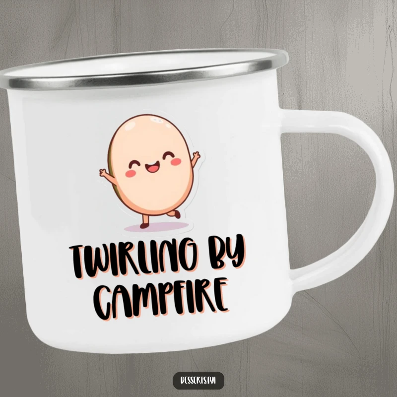 Funny Macaron Camping Mug with a delighted character twirling, perfect for beverages and adding sweet pastry humor to outdoor trips.