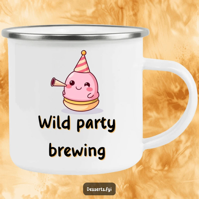 Funny Camping Mug: A happy macaron wearing a party hat and blowing a horn, ready for outdoor celebrations.