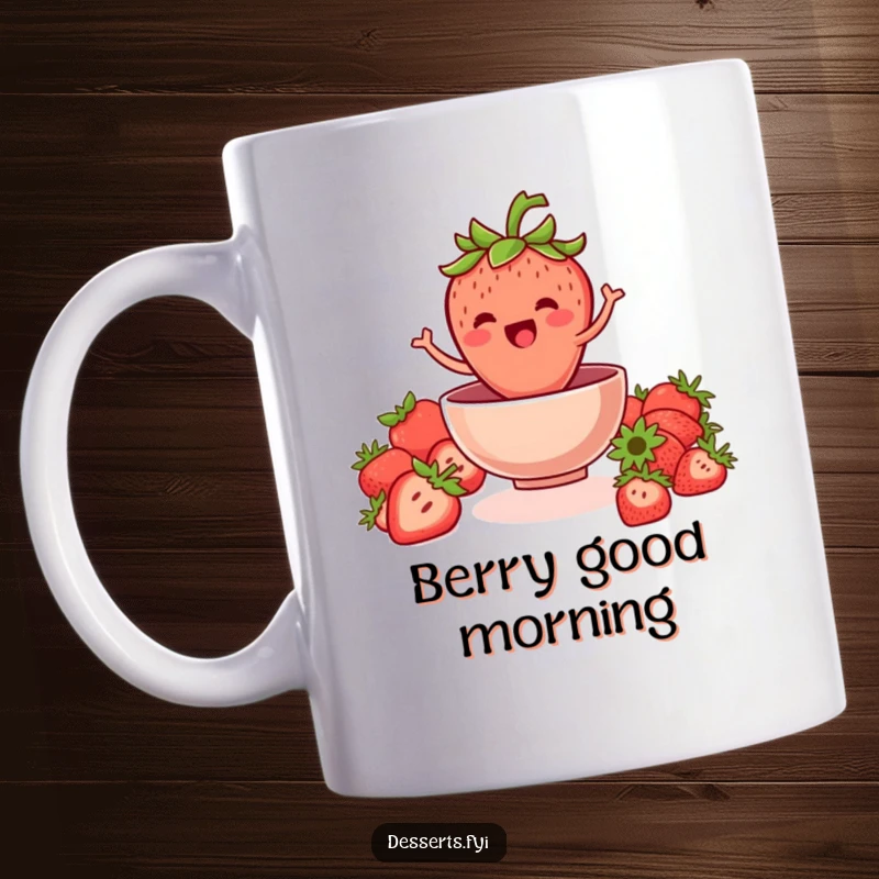 Funny strawberry mug featuring a jovial strawberry with a leafy crown jumping into a bowl, symbolizing fresh fun and healthy enjoyment.