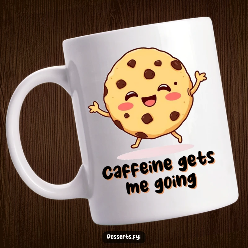 Funny Mug featuring a happy, dancing cookie with chocolate chips, spreading joy and a delightful sense of whimsy with every sip.