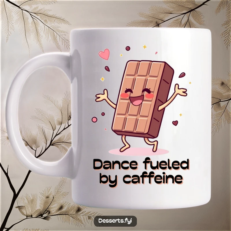 Funny mug featuring a joyful chocolate bar doing a vibrant, energetic dance, celebrating the pure delight and energy of sweet treats.