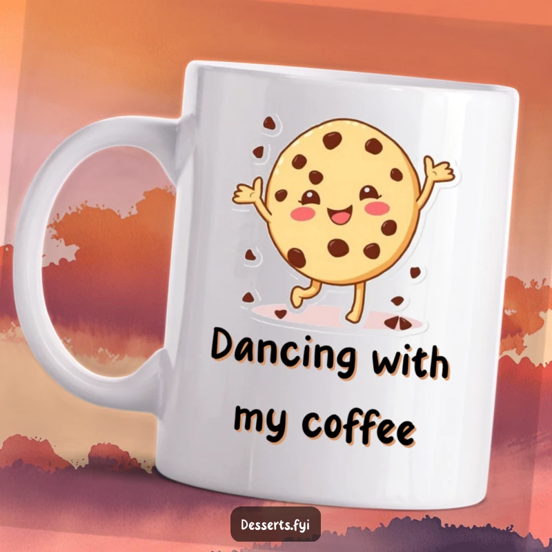 Funny cheerful cookie character mug, doing a happy dance with chocolate chips, embodying pure cookie joy.