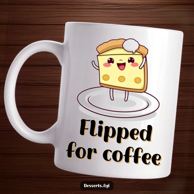 Funny Mug: A playful pie slice cheerfully performs a cartwheel across a plate, radiating energetic humor.