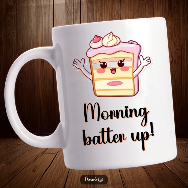 Funny Mug featuring a playful slice of cake with frosting arms waving enthusiastically, bringing joy and humor to your morning routine.