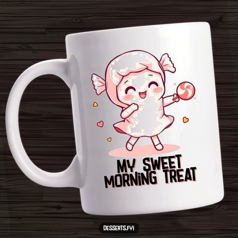 Funny mug featuring a playful candy wrapper dancing with a piece of candy, celebrating sweet companionship and joyful movement.