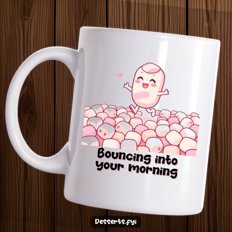 Funny mug featuring a gleeful candy character joyfully skipping through a fluffy field of white marshmallows, embodying pure happiness.